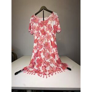 Simply Southern Short Sleeve White Dress With Pink Hibiscus And Pink tassels Med